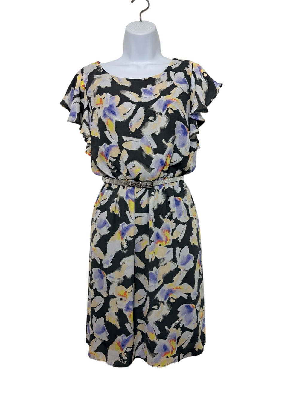 APT. 9 Black Abstract Floral Flutter Sleeve Belted Romantic Summer Dress SzM